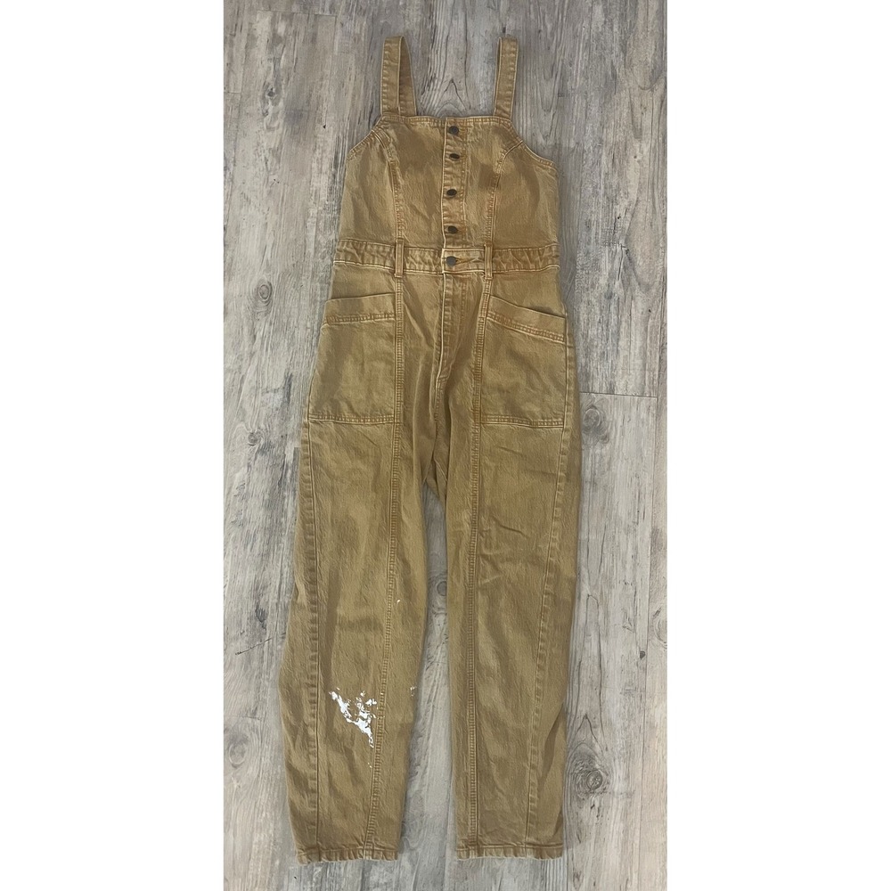 Universal Thread Mustard Tan Denim Overalls Button Front Paint Splatter Size 10